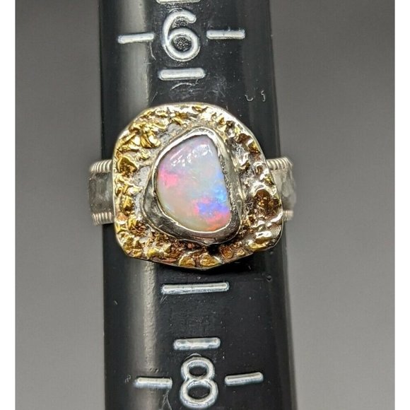 Artisan Signed LOW Fiery Natural Opal Sterling Silver Gold Ring Size 7 - Picture 1 of 12